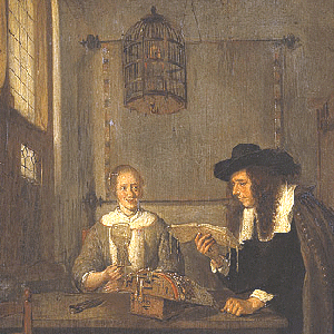 Brekelenkamp ca. 1650-1668, de voorlezer (Roughly translates into: The Reader); 
					The woman drinking a glass of wine is being read to by a man from what appears to be a songbook
					or book of love emblems.